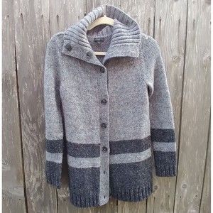 Talbots size P knit cardigan gray stripe tweed wool blend collar